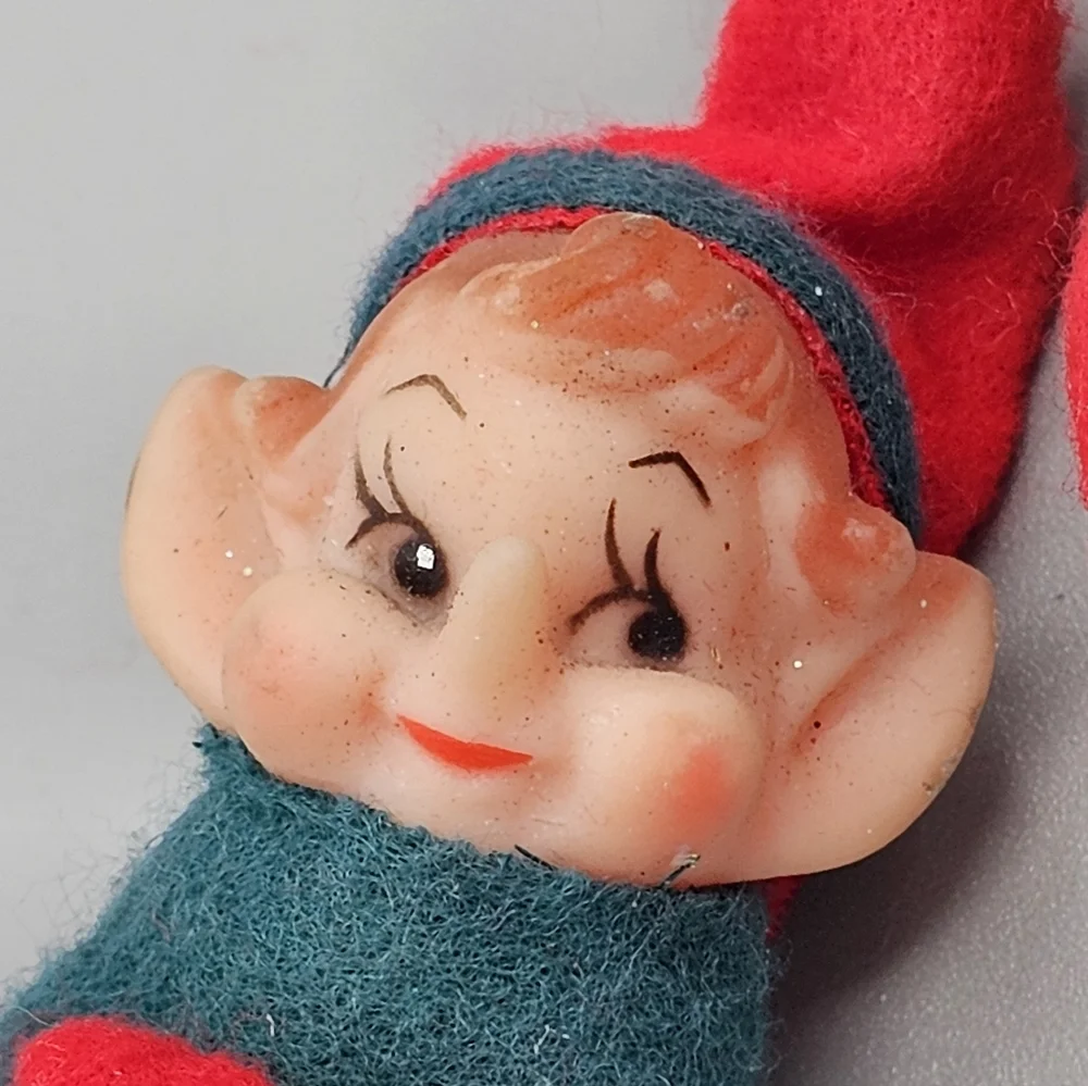 Knee Hugger Elf Pixie Vtg Lot Christmas Ornaments Molded Face Red 1950s MCM Flaw